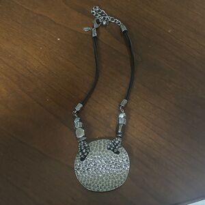 Chico’s Textured Silver Disc Pendant Necklace with Black Cord